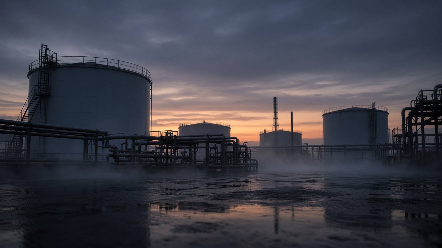 Fuel storage terminal at dusk, industrial silhouettes against a fading horizon