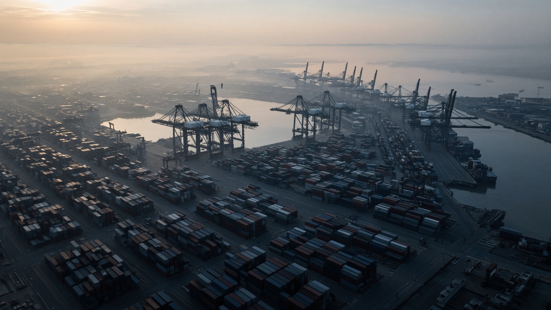 Aerial view of a container port at first light, cranes in silhouette